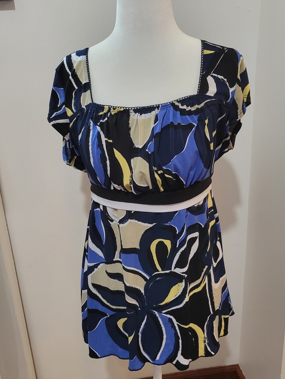 Vintage Y2k AB Studio Blue & Yellow Floral Tie Back Babydoll Blouse | M
